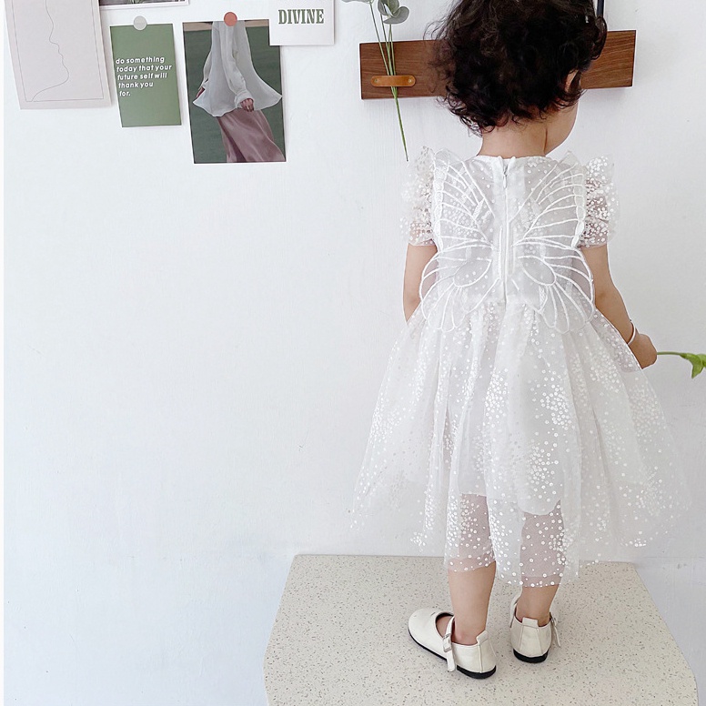Đầm Xòe Công Chúa Màu Trắng Cánh Bướm Dễ Thương Cho Bé Gái