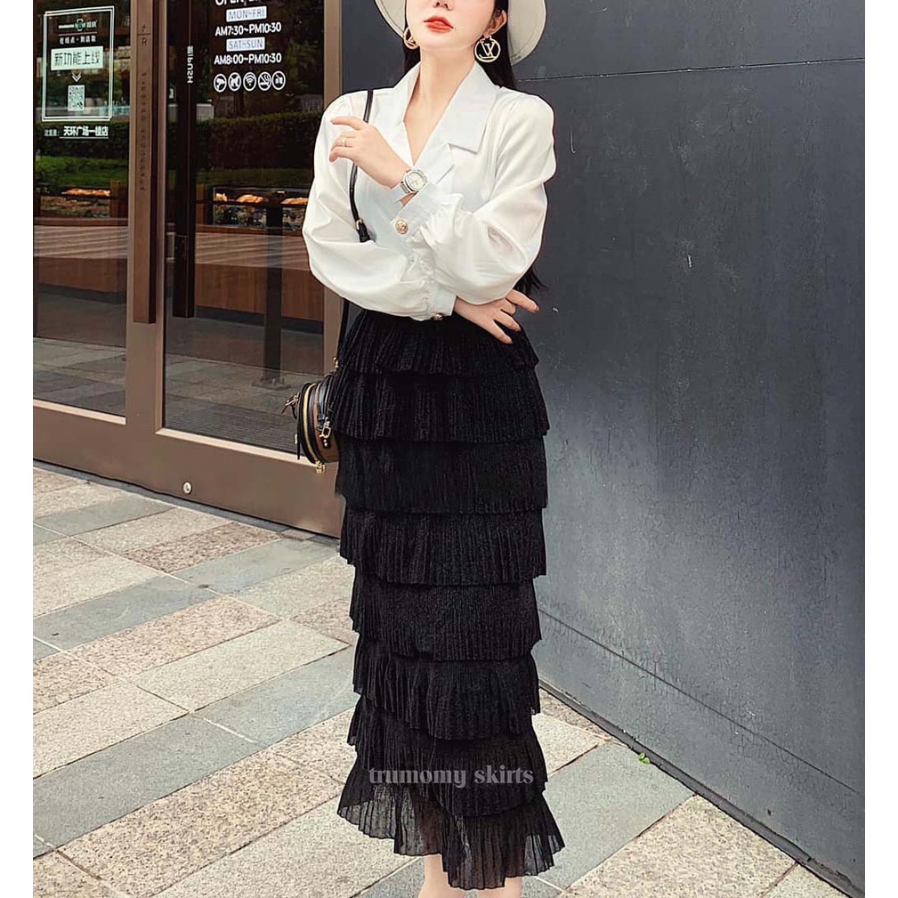 Chân váy tầng dài maxi kiểu 8 tầng xếp ly vải ren nhũ Quảng Châu - Trumomy Women’s Skirts