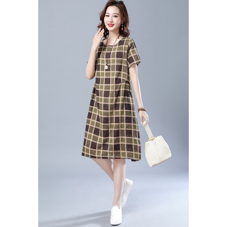 Váy Công Sở Kẻ Caro Ngăn Tay Dáng Suông Chất Đũi Mát Da183