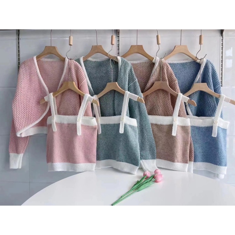 set áo len dệt kim mix viền trắng nổi bật