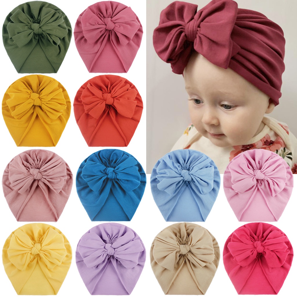 Mũ Beanie Mềm Thắt Nơ Màu Trơn Cho Bé Gái