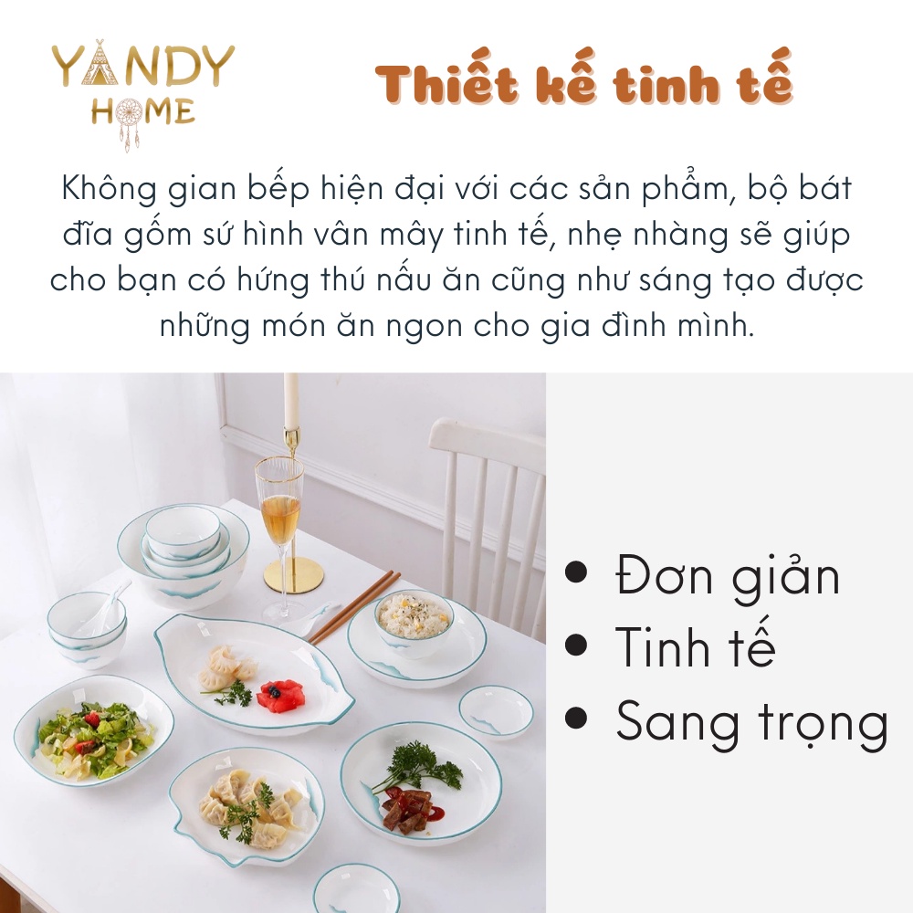 Bát đĩa tô chén gốm sứ YANDY HOME BB12 màu trắng vân mây 10 chi tiết men bóng