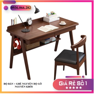 Bộ Bàn Kèm Ghế Làm Việc Bằng Gỗ Nguyên Khối Chân gỗ Bắc Âu Kích Thước 120 x60 x75cm