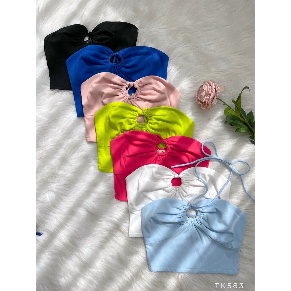 ÁO CROP KHOEN TRÒN, CỘT CỔ,DÂY CỔ FREESIZE [Moment House]