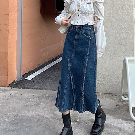 Chân váy jean kaki dáng dài xẻ sau, chân váy midi cạp cao_a16