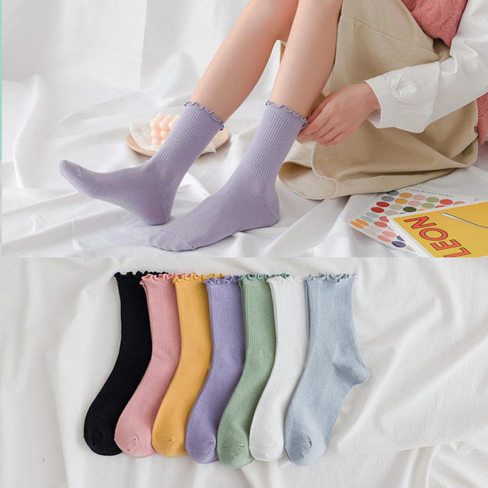Vớ Cotton Phối Bèo Màu Sắc Ngọt Ngào Phong Cách Harajuku Thời Trang Cho Nữ