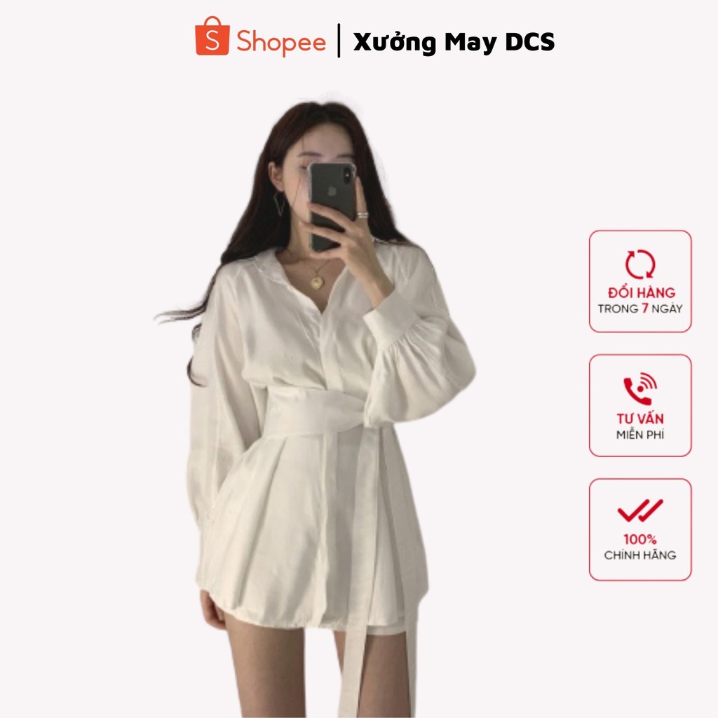 Set Váy Sơ Mi Suông Kèm Đai Buộc Chất Liệu Đũi Quần Đùi/Chân Váy Tiểu Thư Cá Tính 2 Màu Mã 007