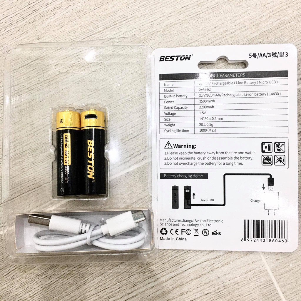 Pin tiểu sạc AA Beston 1.5V 3500mWh cao cấp sạc nhanh trực tiếp bằng cổng micro USB không cần bộ sạc