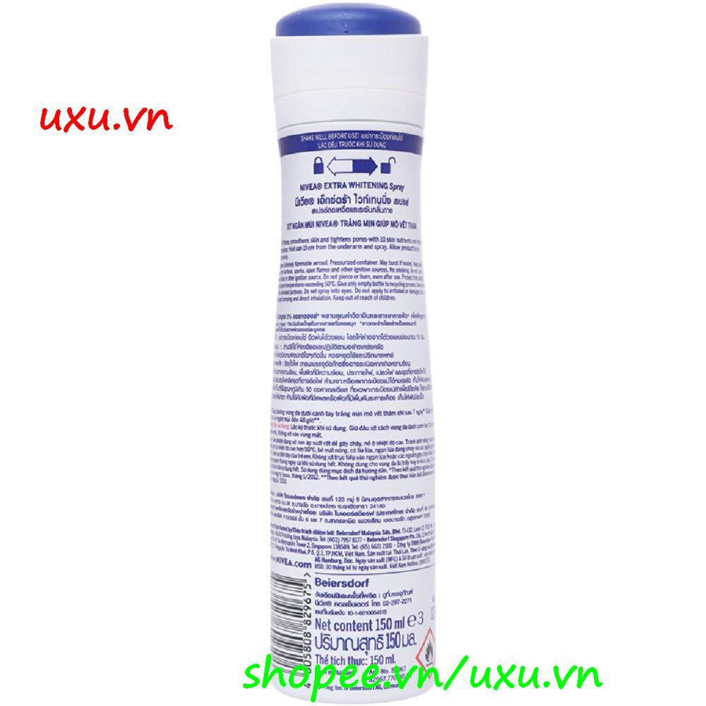Xịt Khử Mùi Nữ 150Ml Nivea Trắng Mịn Mờ Vết Thâm Extra Whitening, Với uxu.vn Tất Cả Là Chính Hãng. | BigBuy360 - bigbuy360.vn