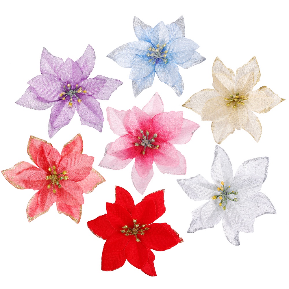 Set 10 Bông Hoa Hồng Lụa 13cm Màu Hồng / Vàng / Xanh Dương / Đỏ / Tím Lấp Lánh Trang Trí Cây Thông Giáng Sinh / Tiệc Cưới