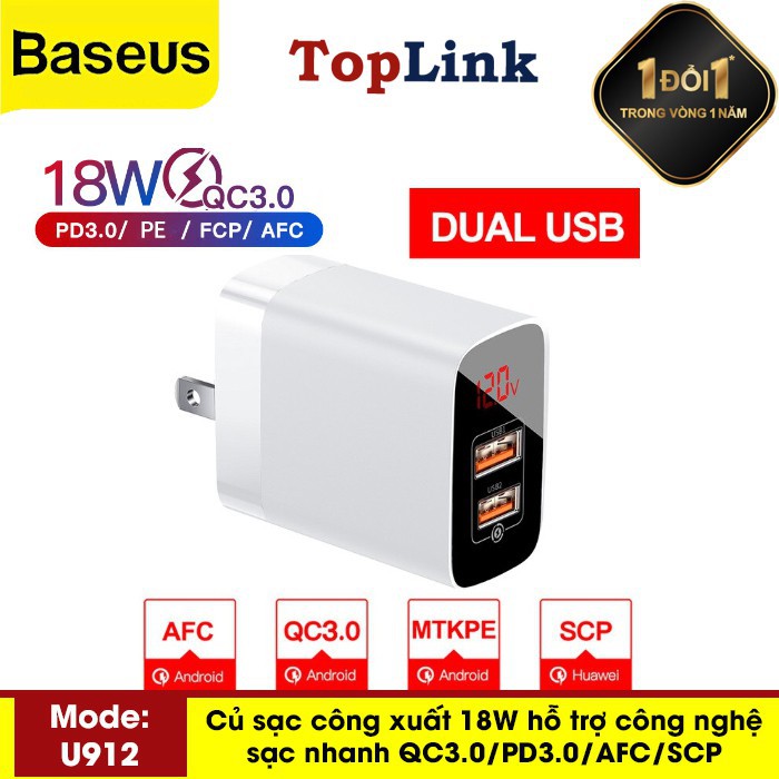 Củ Sạc Thông Minh Baseus ( BS-C911/BS-S912) Hiển Thị Thông Số Kĩ Thuật Khi Sạc Tích Hợp Sạc Nhanh Quick Charge 3.0