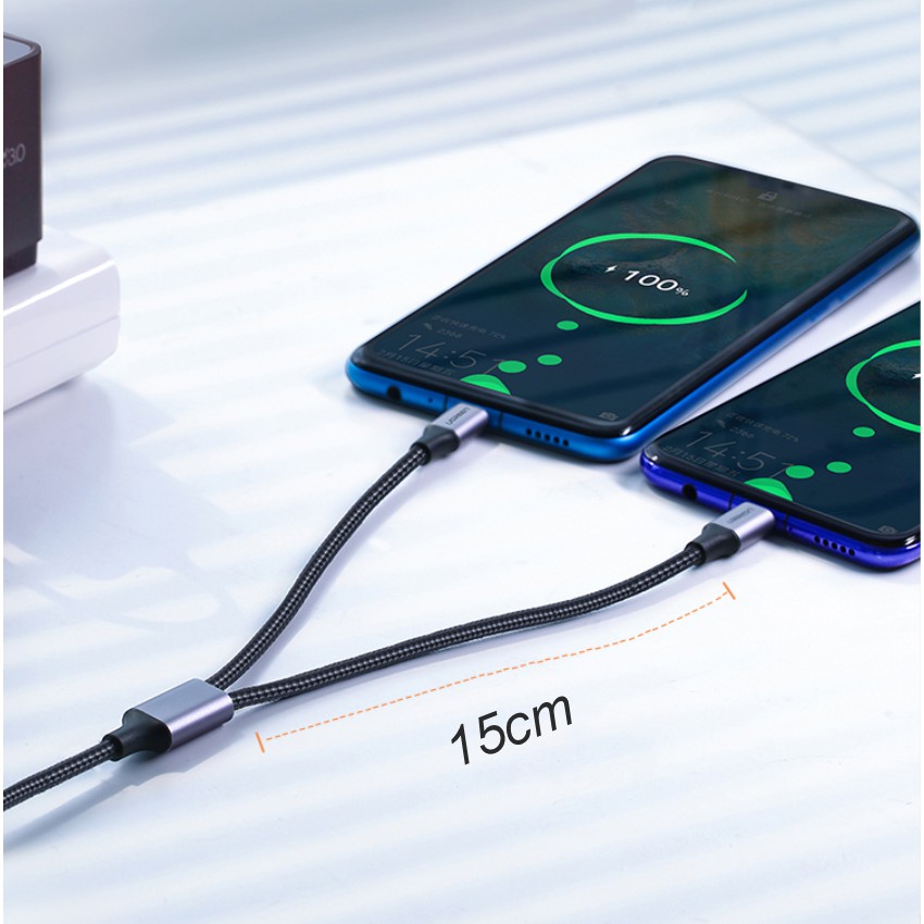 Cáp sạc và truyền dữ liệu 2 in 1 (cổng Micro USB và USB-C), hỗ trợ sạc nhanh, dài 0.5-1.5m UGREEN US196 US197