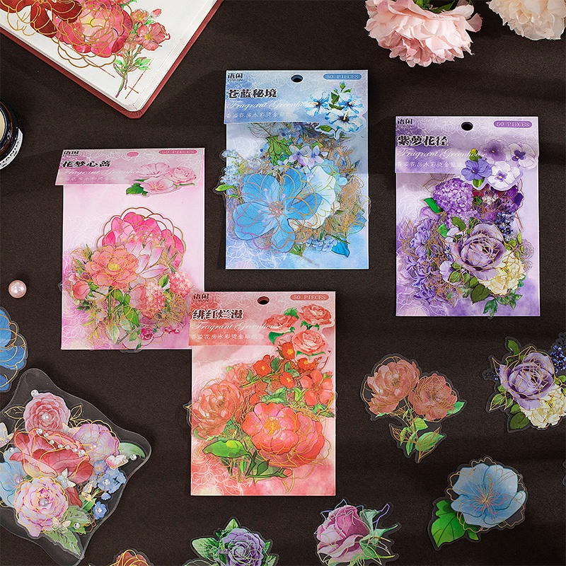 Bộ 50 Tấm Sticker Dán Trang Trí Hình Bông Hoa Phong Cách Retro