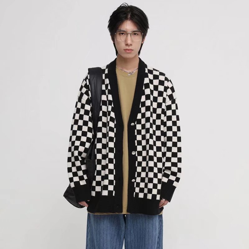 ✦AFFLIGA✦ Áo Khoác Cardigan Dệt Kim Màu Trơn Họa Tiết Cờ Vua Thời Trang Hàn Quốc Cho Nam