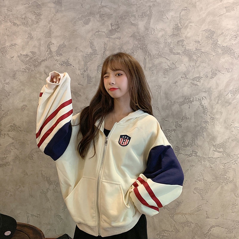 Áo hoodie tay dài phối màu tương phản thời trang Hàn Quốc