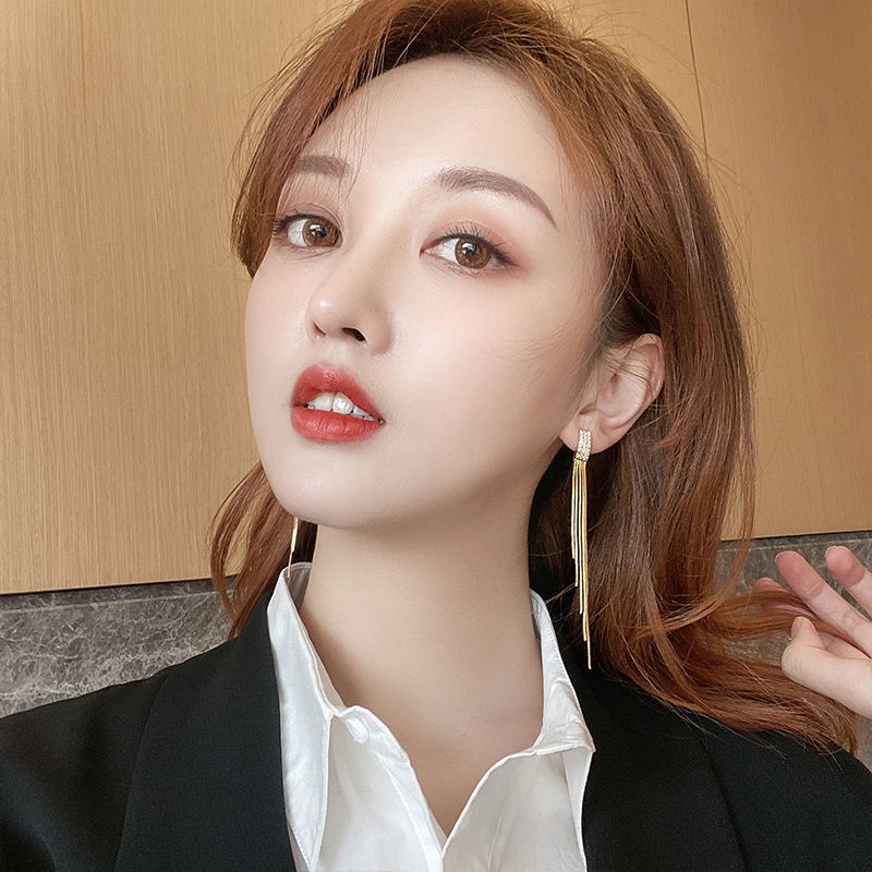 Bông Tai Mạ Bạc 925 Dáng Dài Phối Tua Rua Đính Đá Phong Cách Âu Mỹ