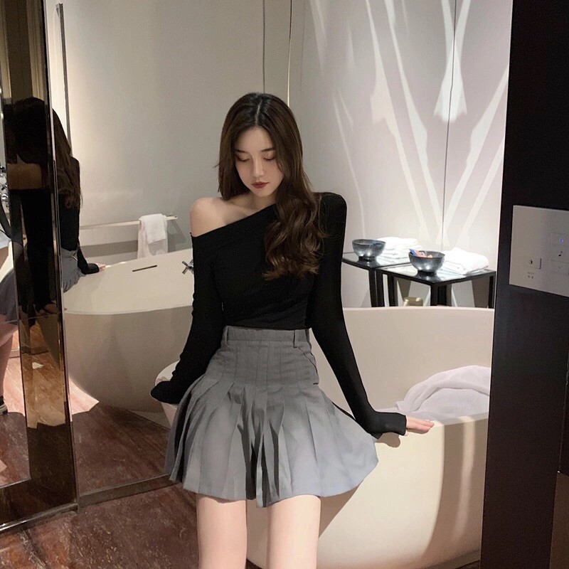 Áo thun ánh nhũ lệch vai tay dài 2