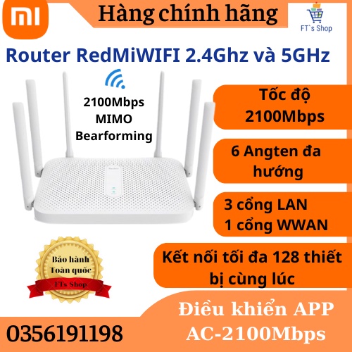 Bộ phát Wifi Router Xiaomi Redmi AC2100 hỗ trợ 128 thiết bị - 2 băng tần 2,4GHz và 5GHz,6 Antena