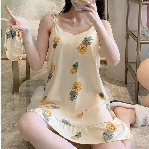 Váy ngủ hai dây tặng kèm bịt mắt có đệm ngực cotton đẹp mặc nhà mùa hè họa tiết dễ thương đuôi cá xếp ly DOLLYSECRET V10
