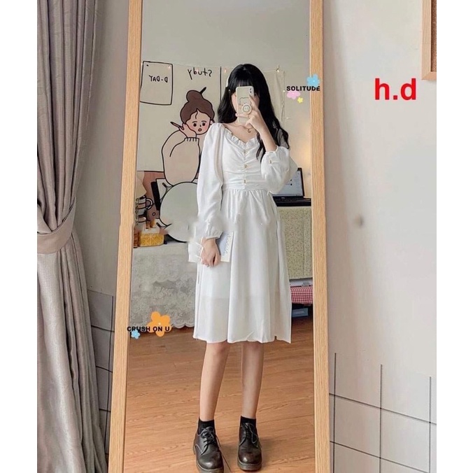 Váy trắng tiểu thư dài tay cá tính - Đầm nữ thiết kế cổ tim 3 cúc ngực dáng xoè 2 lớp vintage freesize đi chơi đi học | BigBuy360 - bigbuy360.vn