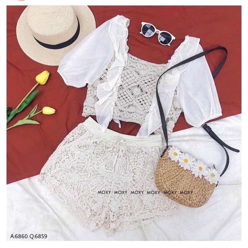 16-Set ren đi biển áo croptop pha ren quần ren hoa