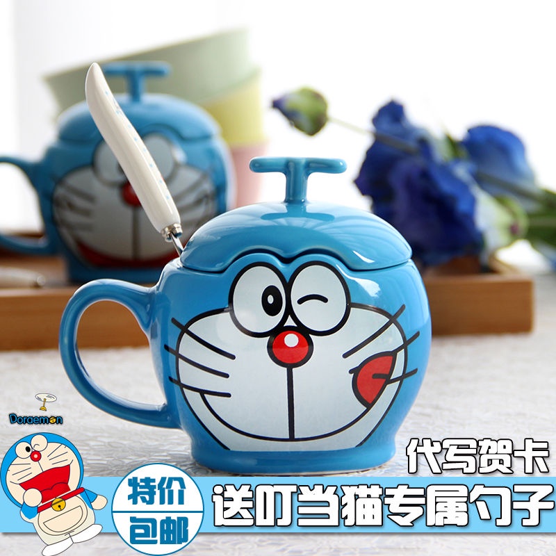 ✨Cốc Sứ Uống Cà Phê Hình Mèo Máy Doraemon Có Nắp Đậy Và Muỗng