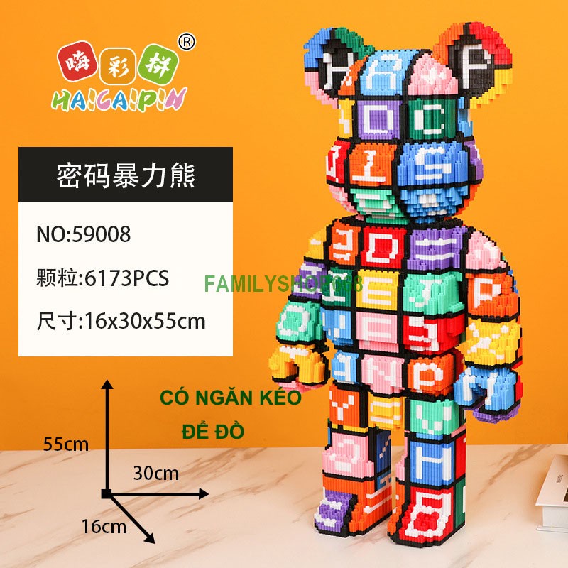 Xếp hình Gấu Bearbrick cỡ lớn 50cm - 55cm jinx ô chữ chữ love junio macau Đồ chơi lắp ráp nano 3d  bear bricK
