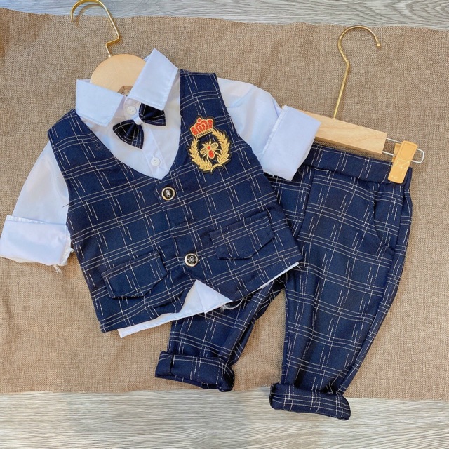 Sét bộ công tử kẻ 3 chi tiết cho bé yêu 9-21kg
