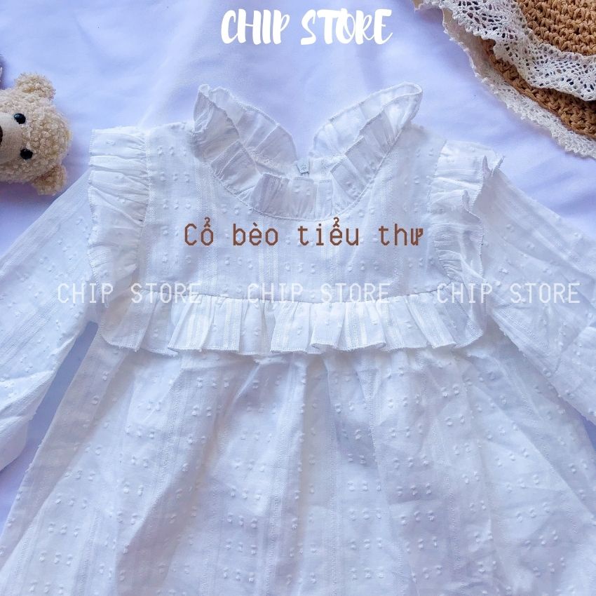 Đầm tiểu thư bé gái 1-7 tuổi CHIP STORE Váy trắng cho bé dài tay cổ bèo xinh xắn chất liệu thô hạt mềm mại sang chảnh