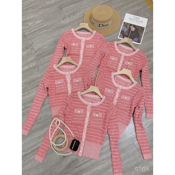 [Ảnh thật/Video]Áo cadigan mongtogi Hồng dài tay đính ngọc ngắn tay Áo len Hàn Quốc sang chảnh