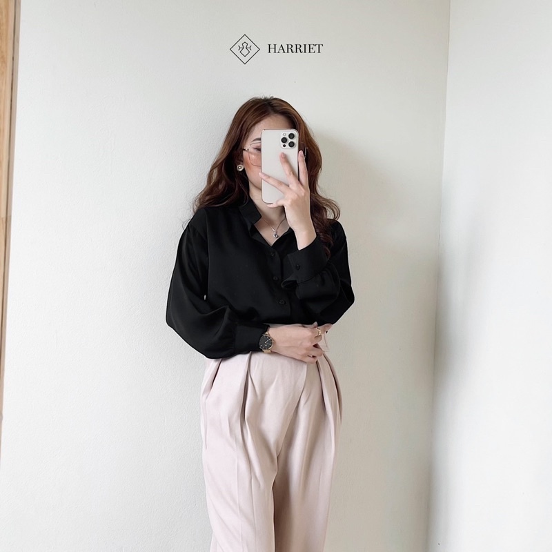 Áo sơ mi nữ đen cổ tàu lộ cúc Emily Harriet