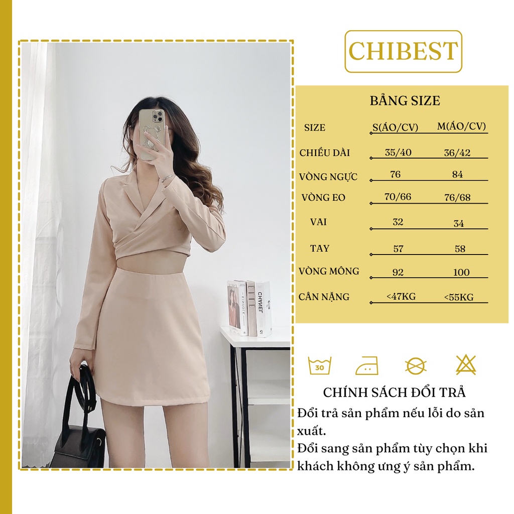 Set chân váy chữ A phối áo croptop cổ vest đắp ngực dây eo phong cách sang chảnh CHIBEST HSB81