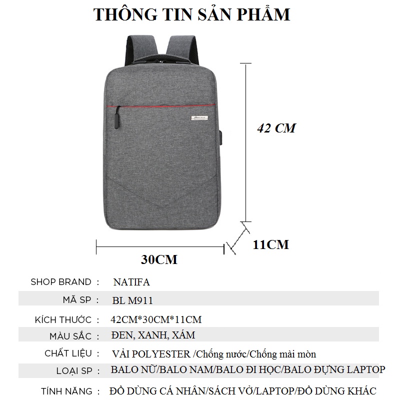 Balo Nam Nữ Đi Học Đi Làm Chống Nước Thời Trang Hàn Quốc tích hợp cổng sạc USB NATIFA BLM911