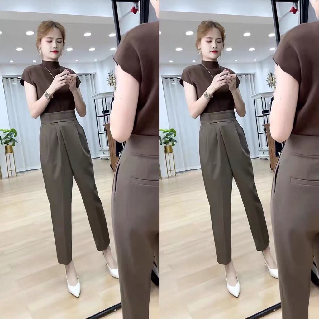 Quần baggy nữ lưng cao cạp dính chất tuyết mưa loại 1  , Quần tây công sở nữ có 2 màu đen-nâu mã Q1