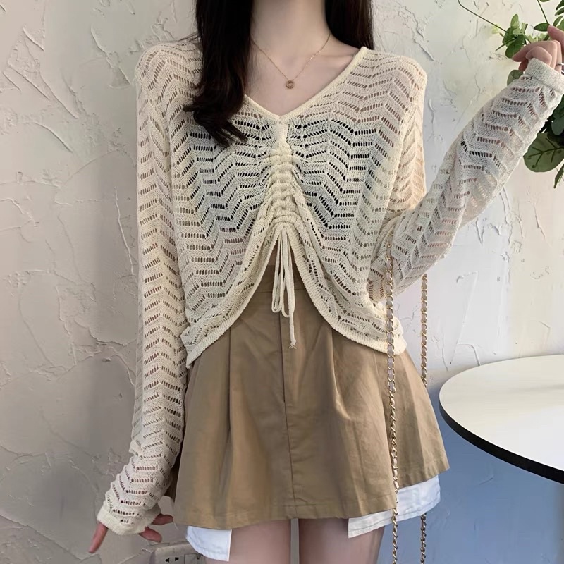 áo len lưới dệt kim rút dây ngực sexy (8607-1#)