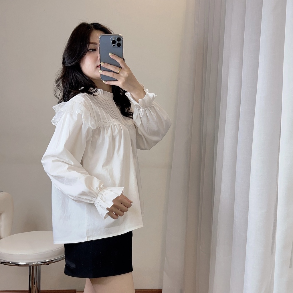 Áo baby doll cánh tiên dài tay, cổ bèo xếp ly ngực