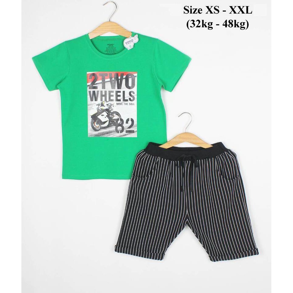 Bộ YOYO Xanh tay ngắn+quần Short gấp lai 100% cotton 4 chiều size XS-XXL (32kg-45kg)