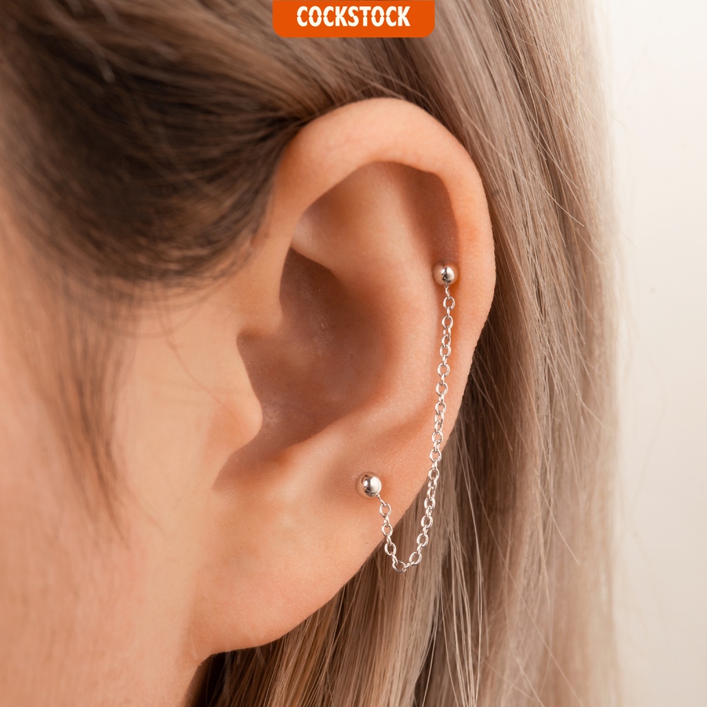Khuyên tai xích Simple Double Stud w Chain CockStock