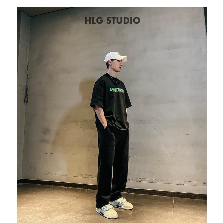 Áo phông nam cổ tròn AMBITON phong cách tay lỡ đơn giản, Cotton cao cấp đường phố 2022