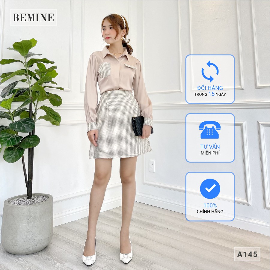 Áo sơ mi nữ công sở tay dài phối túi họa tiếc caro thanh lịch BEMINE A145DA