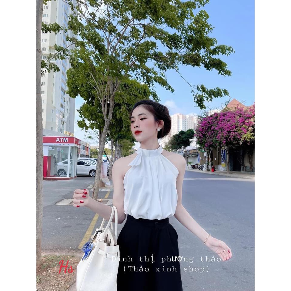 Bộ Áo Yếm Trắng Quần Suông Đen Ống Rộng 🦋 Set Áo Sát Nách Kèm Quần Dài Chất Đũi 🦋