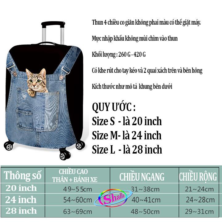 Bao hành lí trùm vali du lịch 20-22-24-26-28-30 inch thun 3d mèo túi - nhựa trong suốt