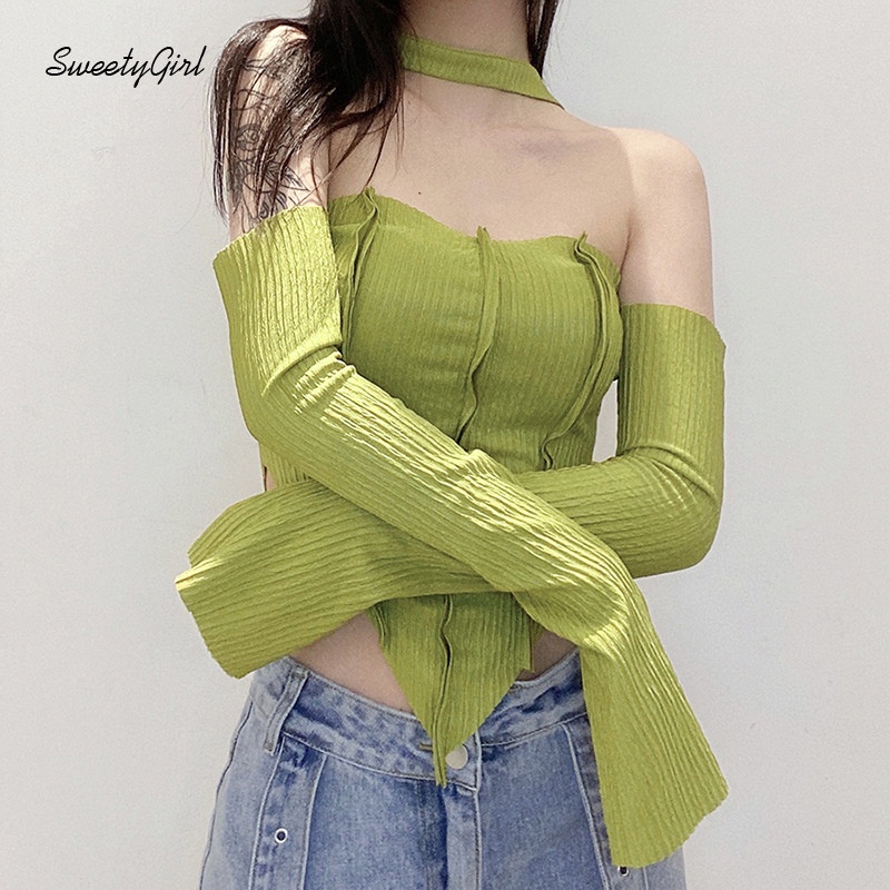 Áo croptop trễ vai tay dài dáng ôm màu trơn gợi cảm dễ phối đồ dành cho nữ