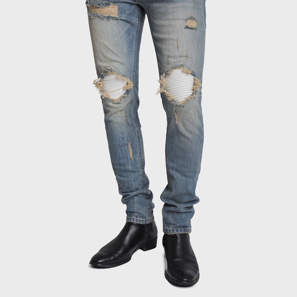 Quần Jean Nam J16 The Luyn Black Màu Xanh Vintage Rách Gối Đắp Vá Da Bike Trắng Kem Phong Cách Đường Phố