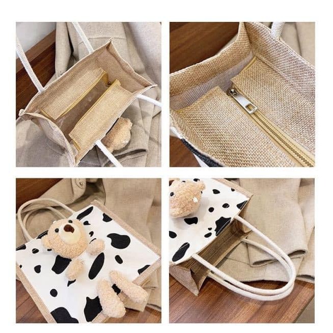Túi cói đi biển, KÈM GẤU NHƯ ẢNH, Có khóa miệng, size 21 | BigBuy360 - bigbuy360.vn