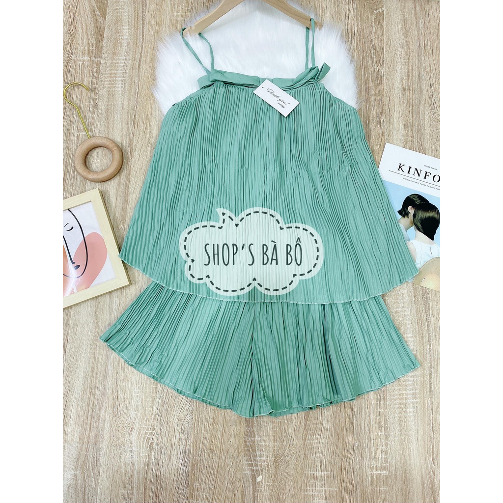 Bộ đùi dập ly cho nữ mặc đi chơi, áo hai dây phối nơ, quần ống rộng, form đẹp