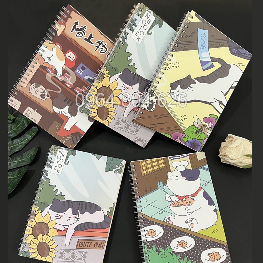 Sổ tay lò xo a5 giấy kẻ ngang mèo may mắn Nhật Bản cute dễ thương