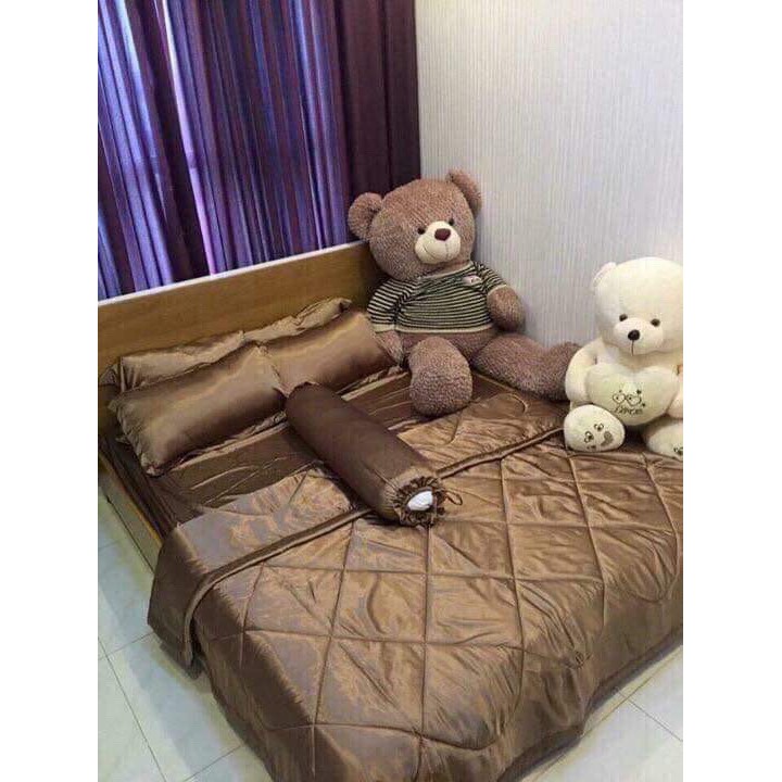 Bộ Chăn Drap Lụa Cao Cấp Ánh Sao Màu Vàng Đồng 1m6x2m/1m8x2m - Mền lồng lớp bông mỏng có chân chỉ hình thoi
