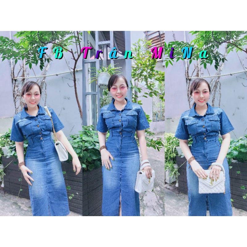 Đầm jean 2 túi nhún thun phía sau mùa hè này diện đi chơi siêu cưng ( Bảo Trân Tít)