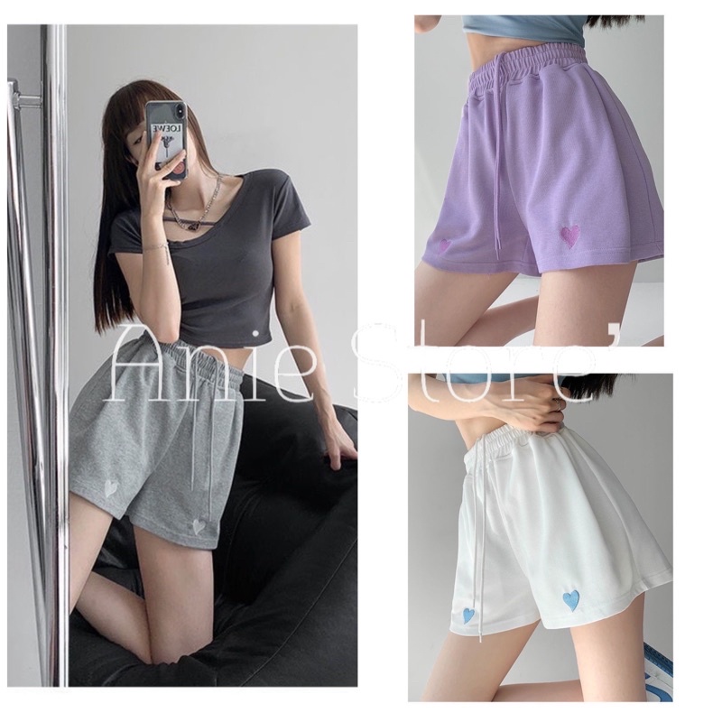 Quần Đùi Nữ Ống Rộng Thêu Trái Tim 🦋 Quần Short Nữ Dây Rút Cạp Chun 4 Màu 🦋 | BigBuy360 - bigbuy360.vn